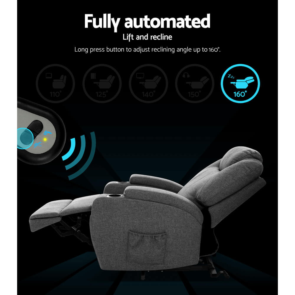 Premium Electric Recliner Massage Chair with Lift Motor Heat Therapy, Plush Fabric Upholstery - Experience Blissful Comfort