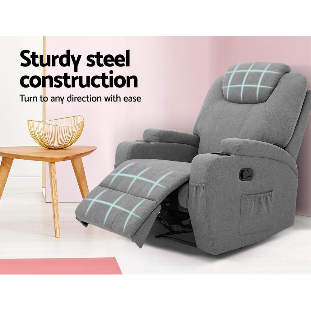 Heated Lounge Sofa Electric Massage Chairs Fabric Upholstery Grey