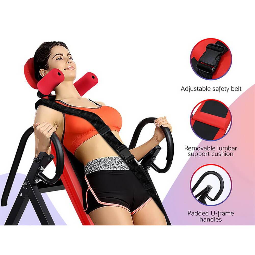 Enhance Comfort and Stability Everfit Inversion Table, Home Gym Fitness Stretcher Inverter, Red, Padded U-frame Handles, Secure Ankle Clamps, High-Density Foam