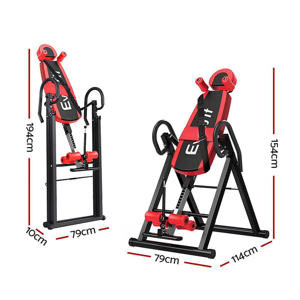 Adjustable Inversion Angle for Customized Relief Everfit Inversion Table, Foldable Stretcher Inverter, Red, Rust-Proof Steel Frame, Height Adjustable, Removable Lumbar Support