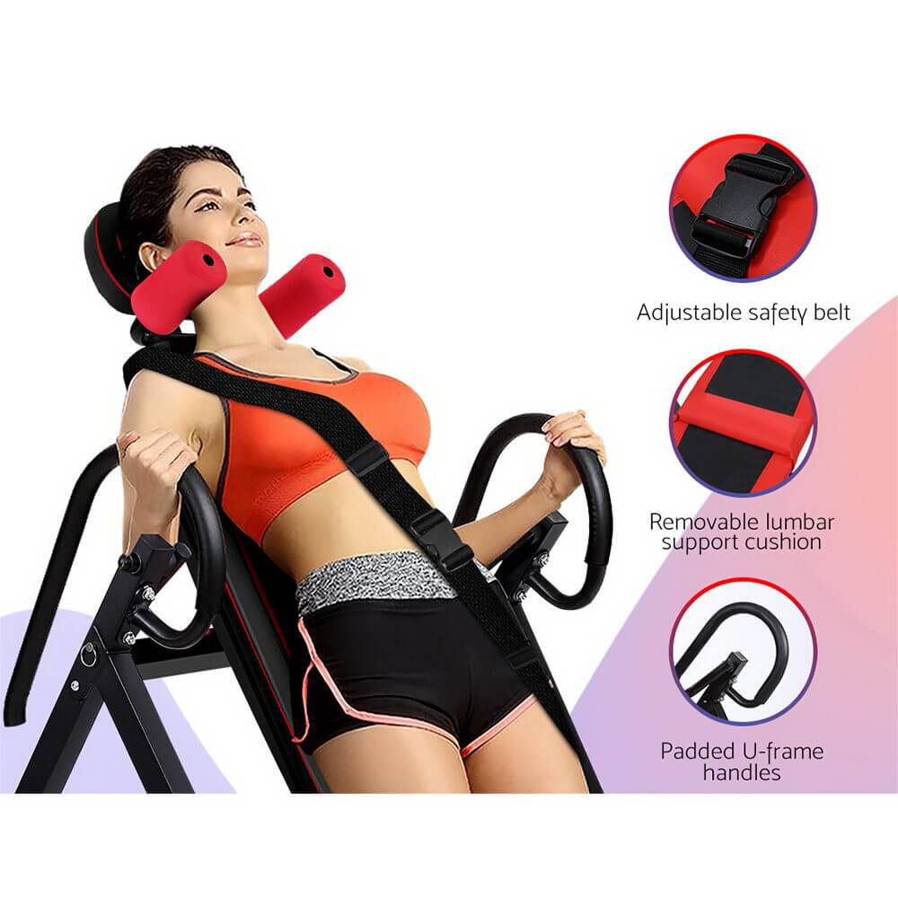 Reduce Nerve Pressure and Improve Flexibility Everfit Inversion Table, Foldable Stretcher Inverter, Black, Wide Backrest, Adjustable Height, Secure Ankle Clamps