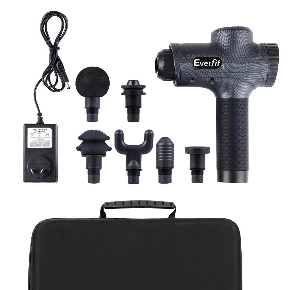 Powerful Massage Gun Everfit Electric Muscle Tissue Percussion, 6 Head Vibration Therapy, Customisable Speeds, Long-lasting Battery, LCD Display