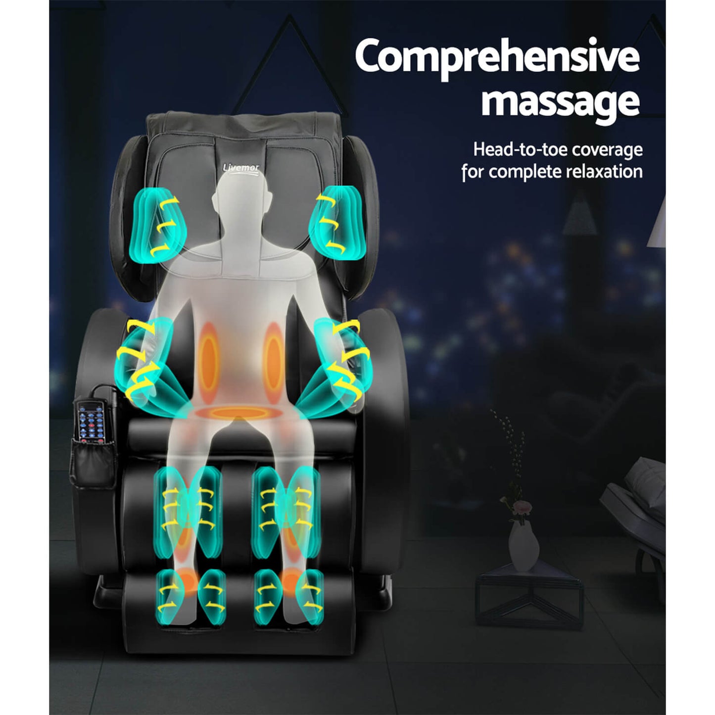 Livemor Electric Massage Chair Delmue Recliner Massager in Black - Full Auto Extension, Zero-Gravity. Heating Function for Soothing Relief