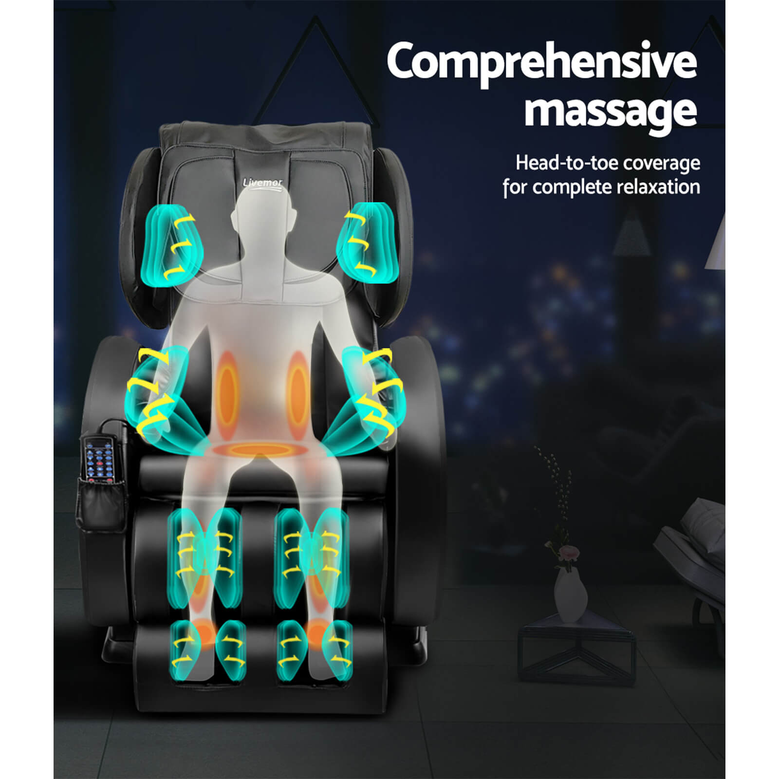 Livemor Electric Massage Chair Delmue Recliner Massager in Black - Full Auto Extension, Zero-Gravity. Heating Function for Soothing Relief
