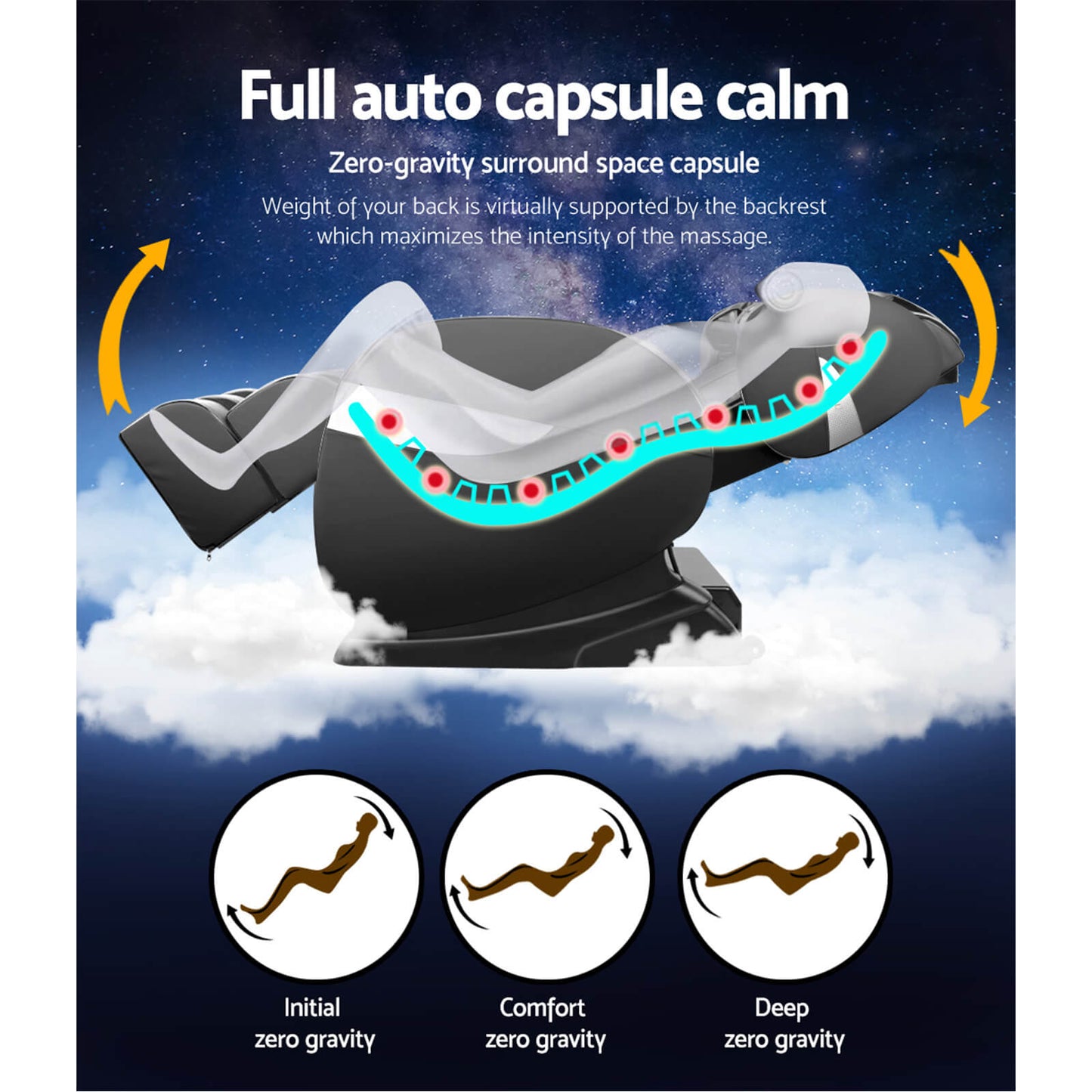 Black Delmue Recliner Massager Livemor Electric Massage Chair Full Auto Extension, Zero-Gravity. Heating Function for Soothing Relief