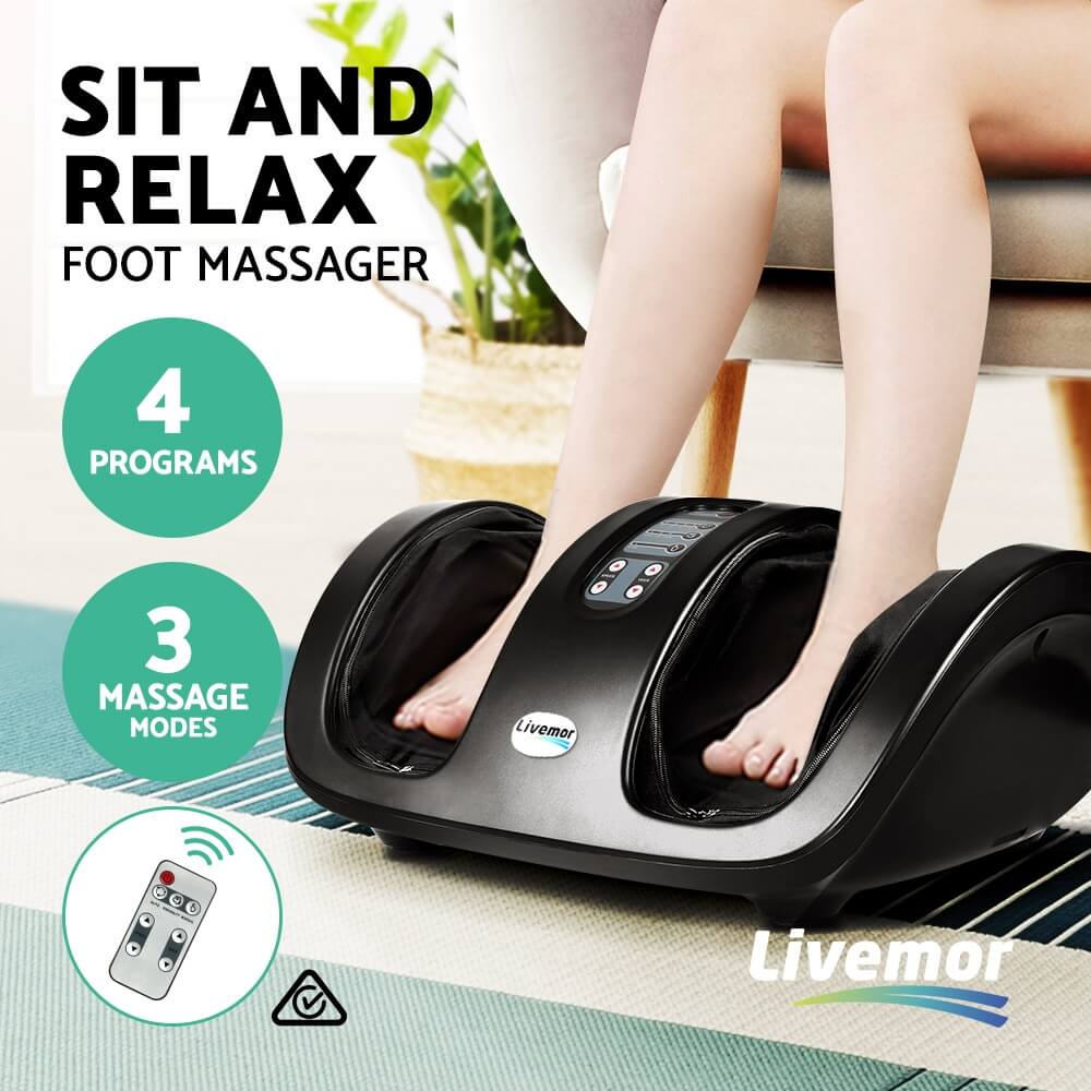 Foot Care Made Easy Livemor Foot Massager 3-Speed Levels, Washable Fabric Liner, 4 Programs, Flexible Air-Pressure Kneading Pads, Remote Control