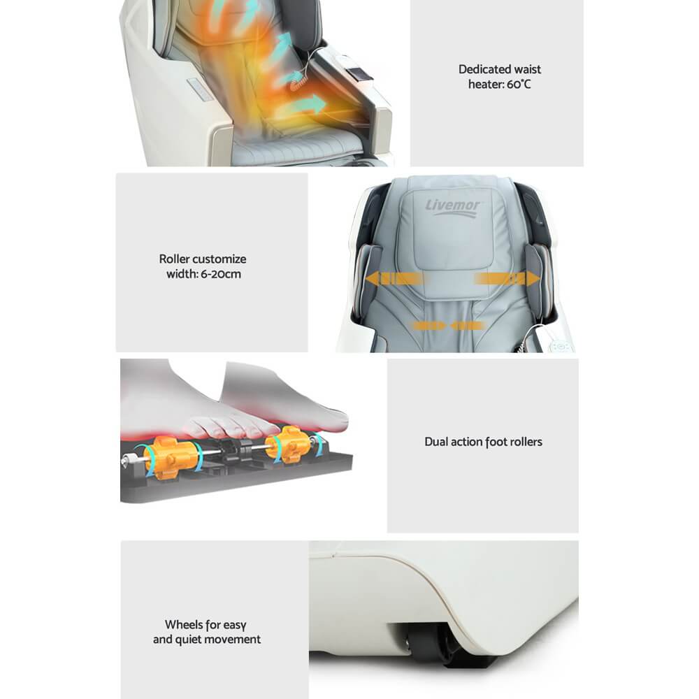 Livemor Massage Chair Electric Zero Gravity Bed Recliner Kneading Massager (Black) Intelligent Shape Detection, Kneading Massage for Sole, TFT Remote, Atmosphere Light, Easy Movement
