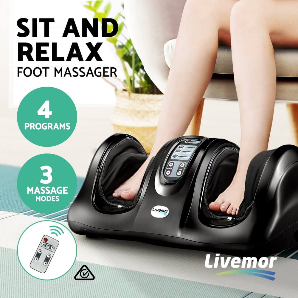 Indulge in Blissful Foot Massage Livemor Foot Massager Customizable Massage, Auto Shut-Off, Portable Design, Remote Control, Two Motors, Squeezes, and Soothes Aches