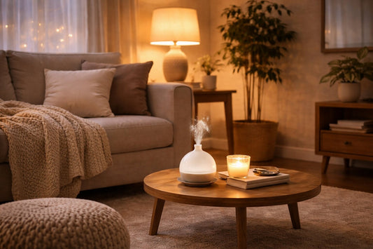 A cosy living room or bedroom with warm tones, a diffuser or soft lamp,