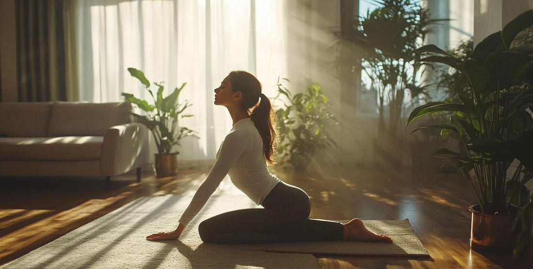 A_woman_is_doing_yoga_in_the_living_room_a_simple