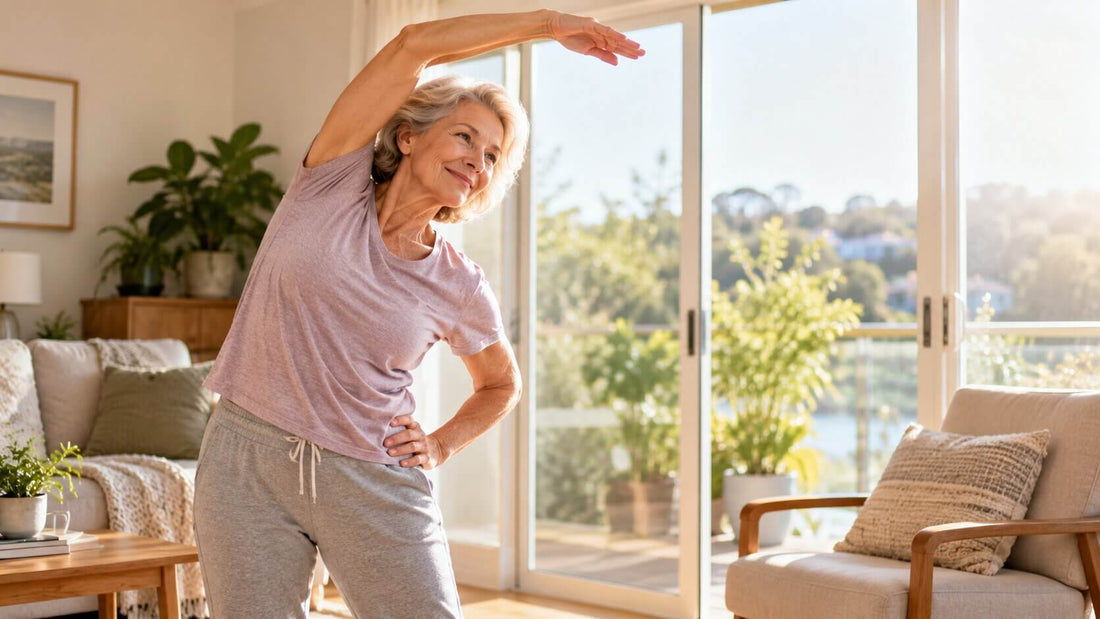 adult gently stretching in a bright living room