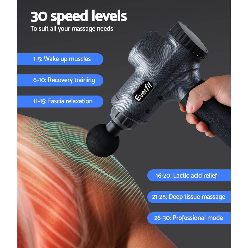 Relieve Muscle Pain Everfit Electric Massage Gun with 20V Brushless Motor, High-frequency Vibration, Customisable Speed Levels, Long-lasting Battery