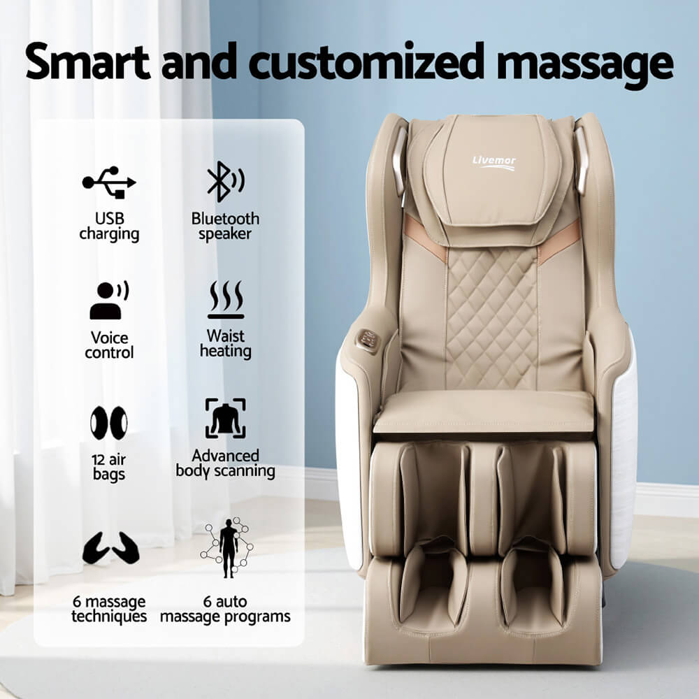 Beige massage chair with features listed on a white background