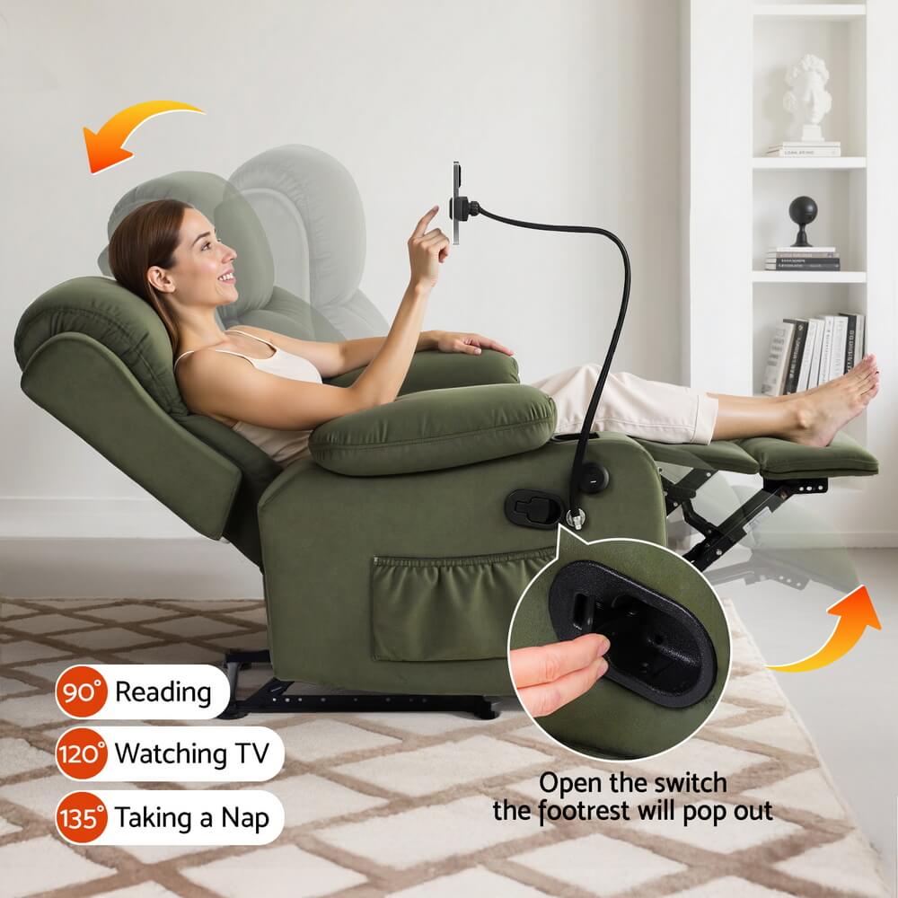 Woman relaxing in a green ARTISS RECLINER Comfort Lounge chair with footrest extension,