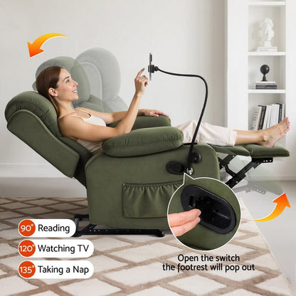 Woman relaxing in a green ARTISS RECLINER Comfort Lounge chair with footrest extension,