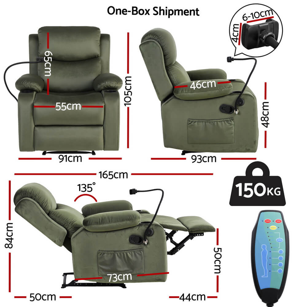 Green ARTISS RECLINER Comfort Massage sizes with dimensions and weight capacity