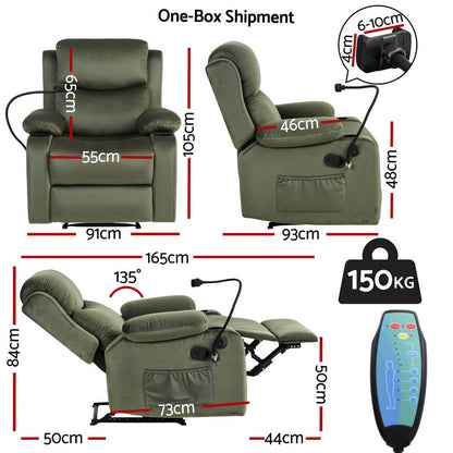 Green ARTISS RECLINER Comfort Massage sizes with dimensions and weight capacity