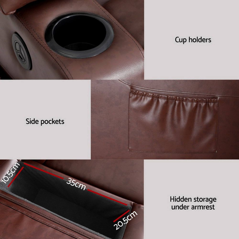 Brown leather ARTISS RECLINER lift with cup holders, side pockets, and hidden storage under armrest.