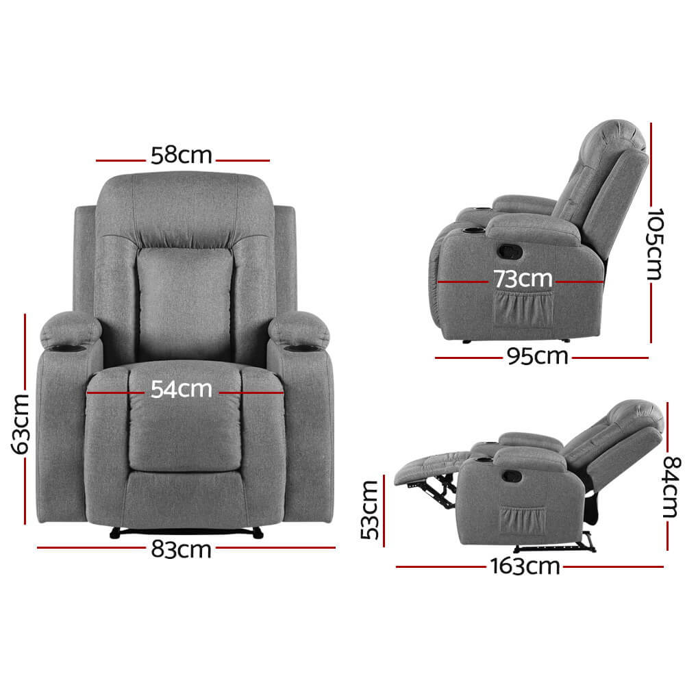 Electric Massage Recliner Chair Relax and Unwind with Heated Fabric, Grey Lounge Sofa Sizes and Dimensions