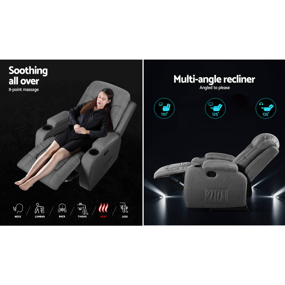 Artiss Electric Recliner Chair Massage Function, Heated Fabric, Grey Lounge Sofa Design Sofa Electric Massage Chair Grey, Heated for a Blissful Relaxation Experience