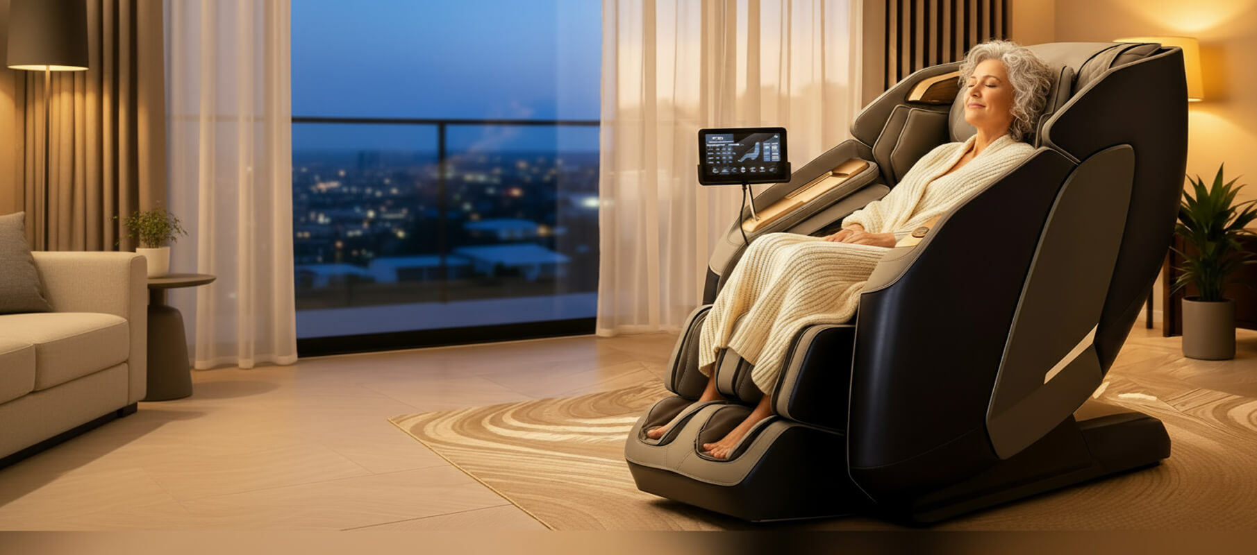 Daily stretch - women on luxury massage chair - relax time at home - relief abd comfort