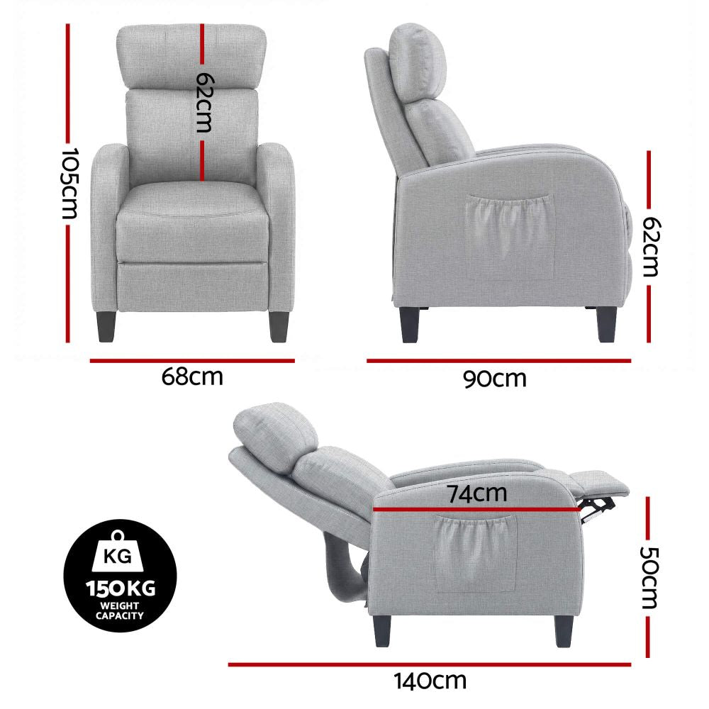 Gray Fabric RECLINER Compact Lounge Massage with dimensions