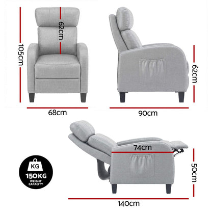 Gray Fabric RECLINER Compact Lounge Massage with dimensions