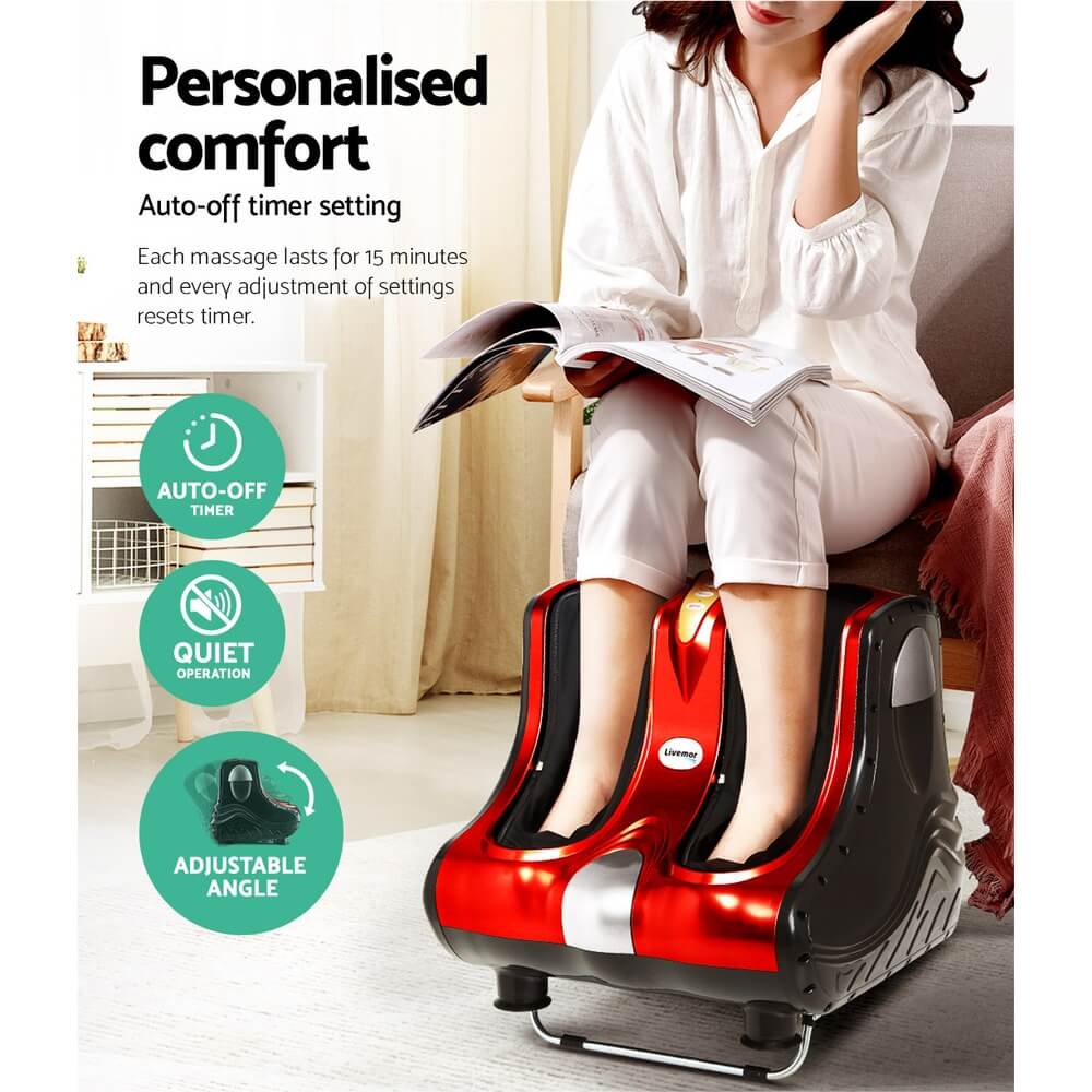 Ultimate Circulation Enhancer Livemor Foot Massager Shiatsu Ankle Calf Leg Massagers, Red Design, 4 Powerful Motors, 3 Intensity Levels, Washable Foot Sleeve