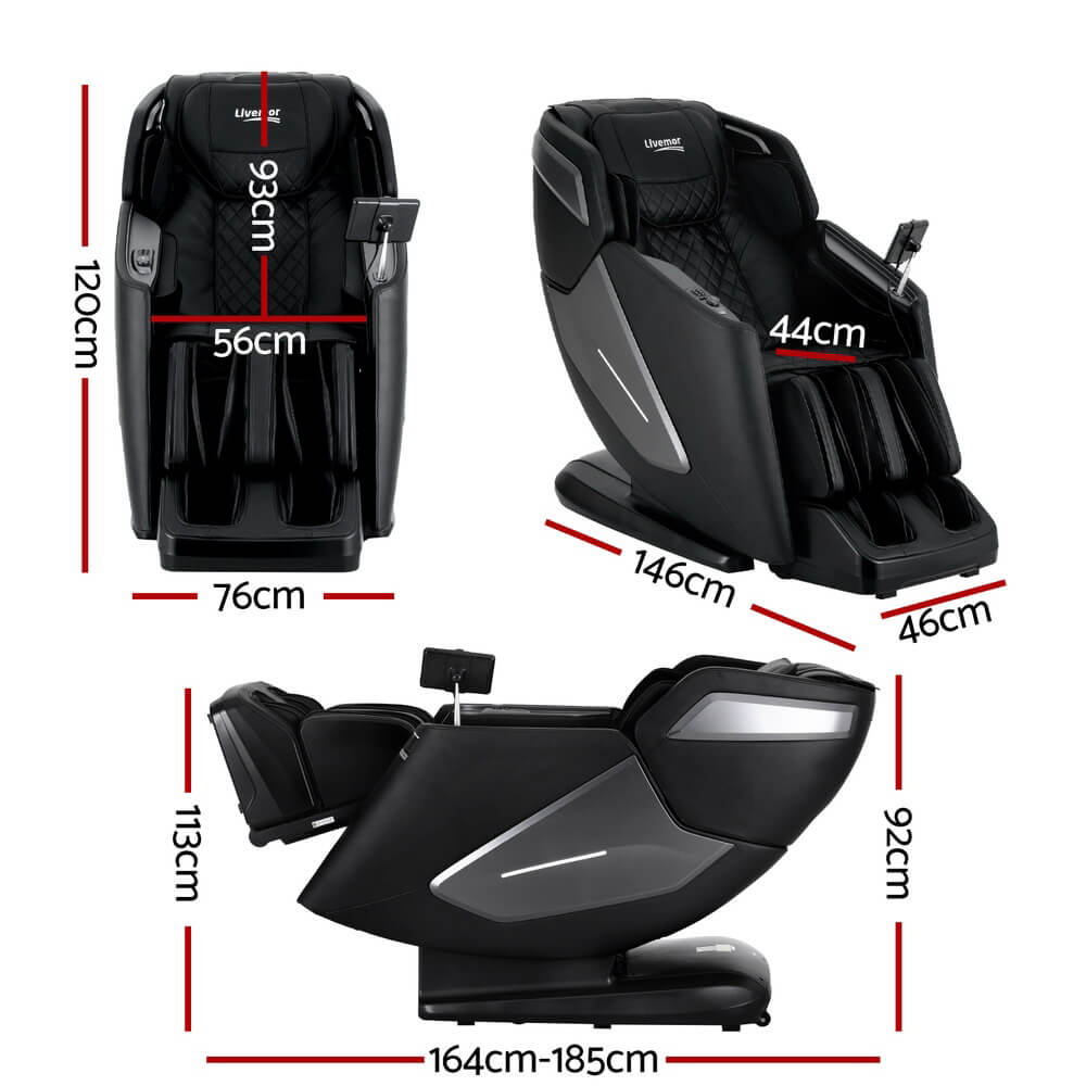Black LIVEMOR 4D REILY Massage Chair sizes with dimensions