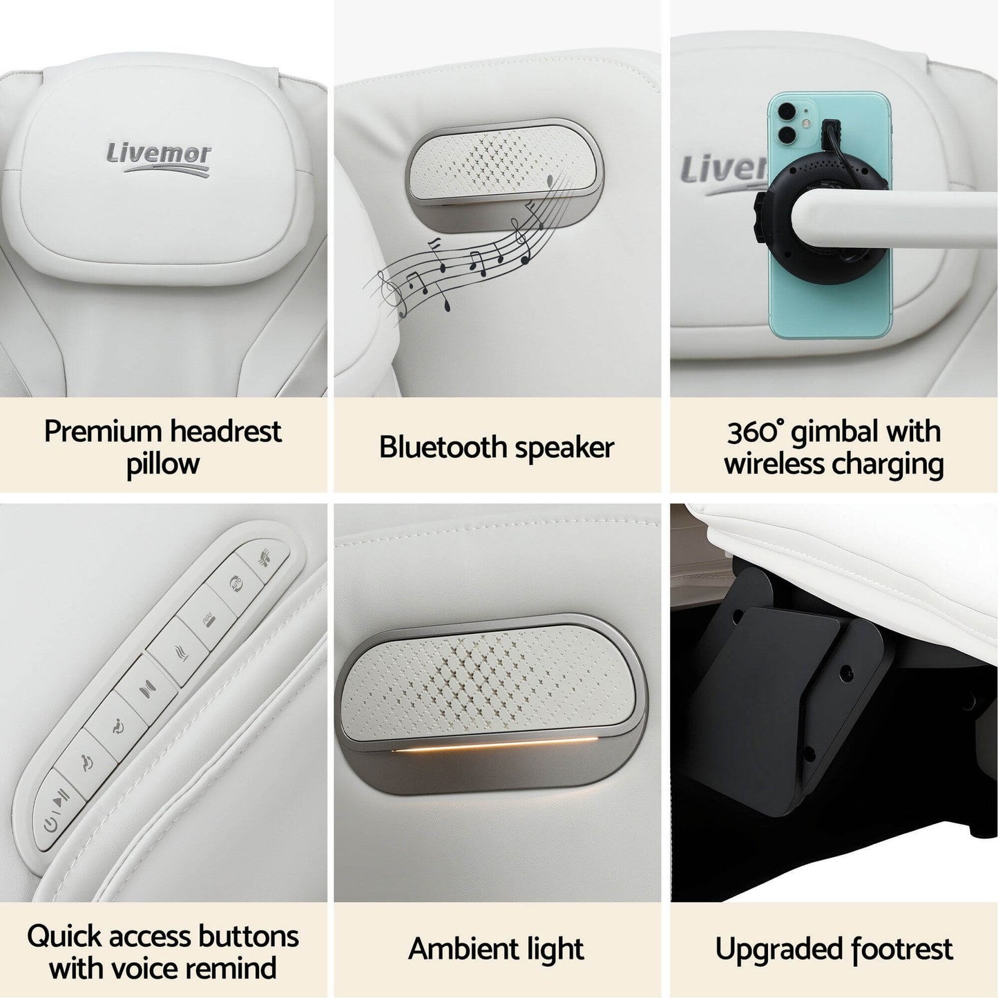 Collage of features including a premium headrest pillow, Bluetooth speaker, LIVEMOR AI-ZENO Chair