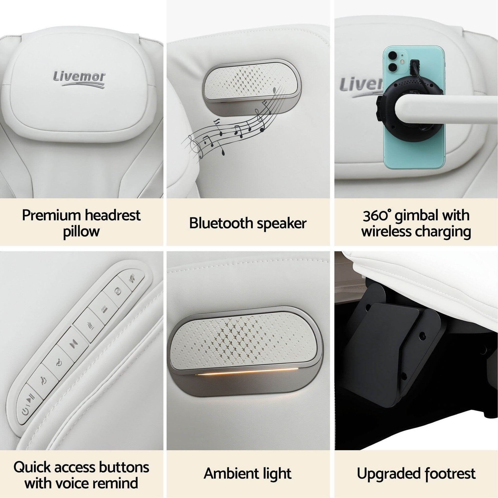 Collage of features including a premium headrest pillow, Bluetooth speaker, LIVEMOR AI-ZENO Chair