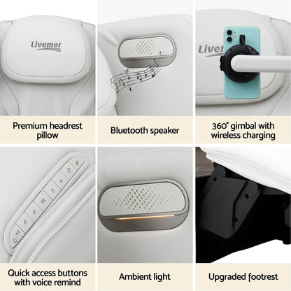 Collage of features including a premium headrest pillow, Bluetooth speaker, LIVEMOR AI-ZENO Chair