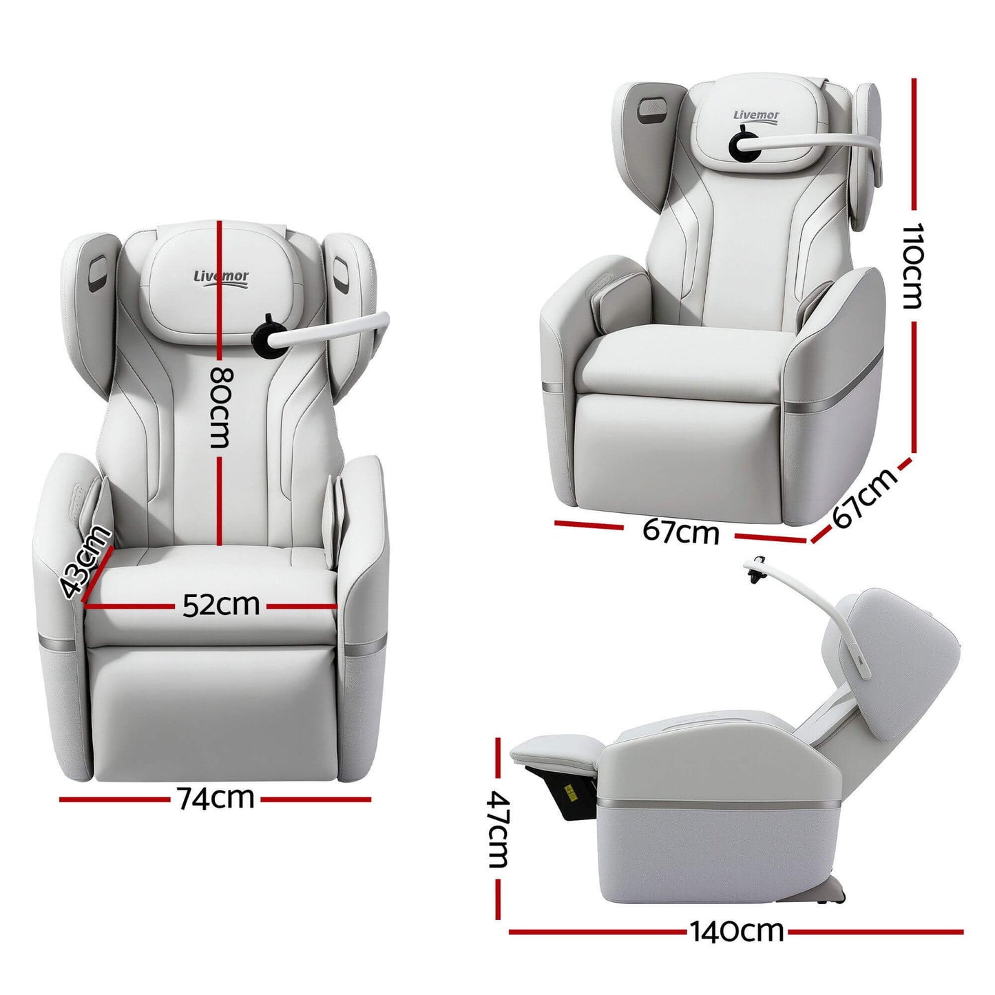 LIVEMOR AI Electric Sizes with dimensions marked on a white background