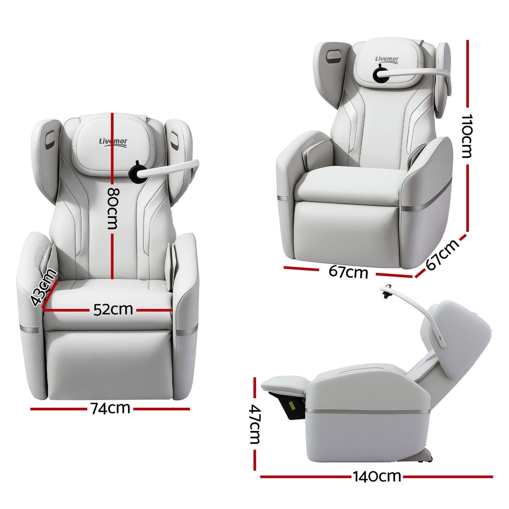 LIVEMOR AI Electric Sizes with dimensions marked on a white background