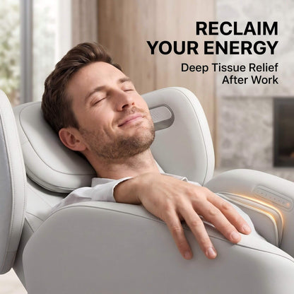 Man relaxing in a LIVEMOR AI massage chair with text 'Reclaim Your Energy' 