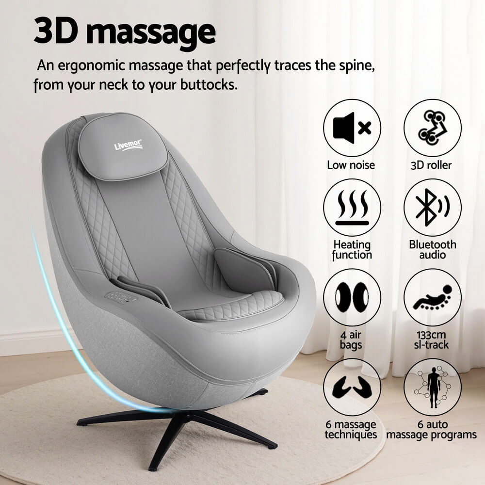 Gray massage chair with features listed on a white background LIVEMOR ROLI Massage Chair