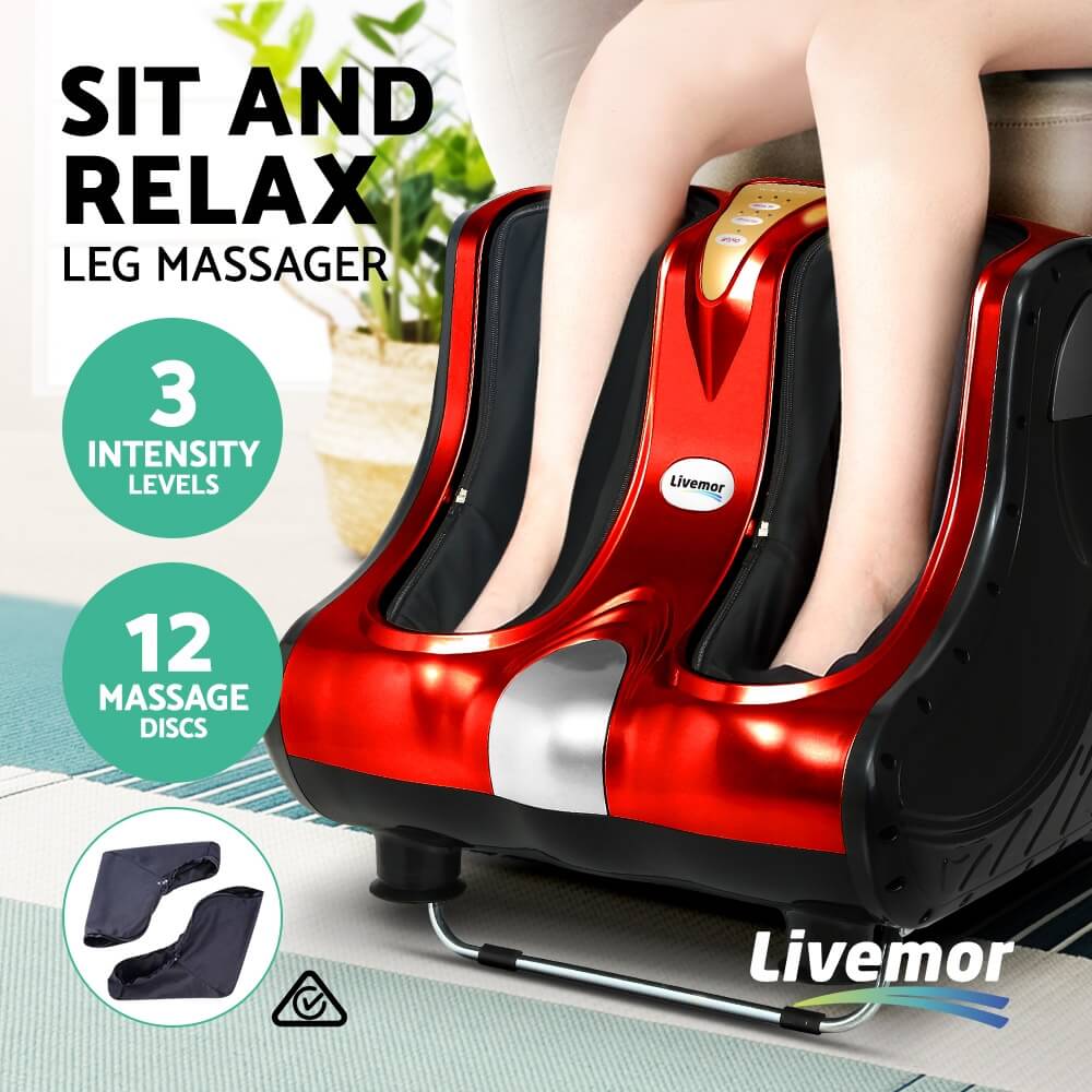 Targeted Pain Relief Livemor Foot Massager Shiatsu Ankle Calf Leg Massagers, Red Color, Flexible Kneading Pads, Adjustable Intensity, Washable Foot Sleeve