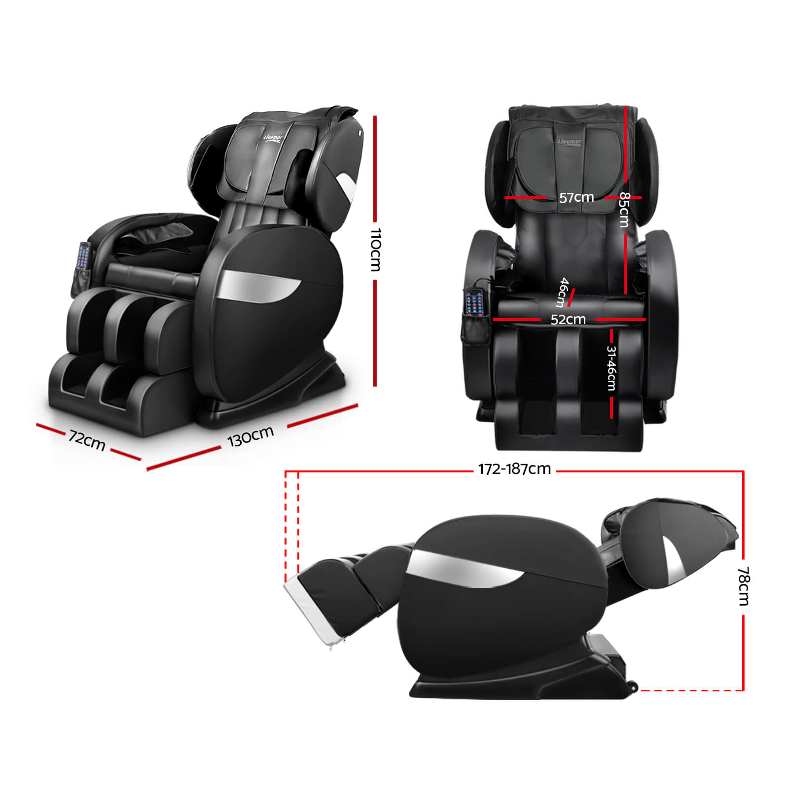 Black Electric Massage Chair Livemor Delmue Recliner Massager - Full Auto Extension, Zero-Gravity Massage. Remote Control Included Sizes and Dimensions