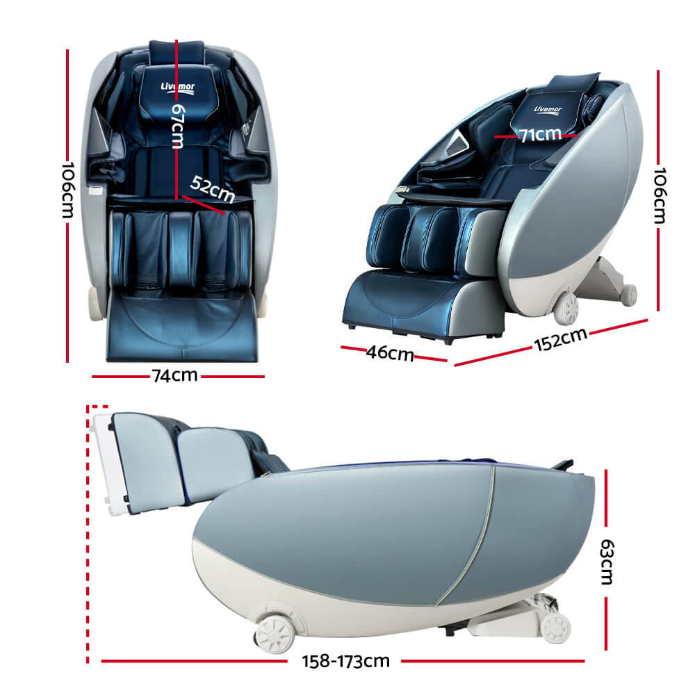 Zero Gravity Electric Massage Recliner Chair Livemor Deluxe Blue 5 Auto Programs, 4 Targeted Modes, SL Track, Body Scanning, 20 Airbags.