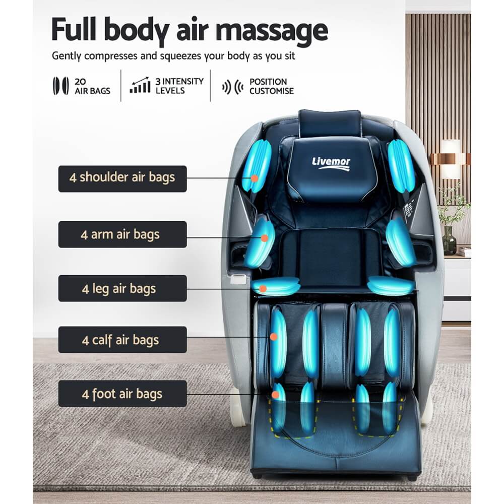 Livemor Deluxe Blue Massage Chair Zero Gravity Electric Recliner Automatic Body Scanning, 5 Auto Programs, 4 Targeted Modes, Waist Heating, Kneading Massage, Bluetooth Sound System