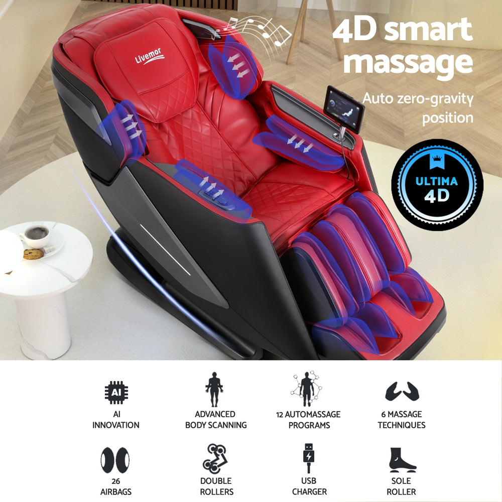 LIVEMOR 4D ALORA Massage Chair Electric Recliner Home Red