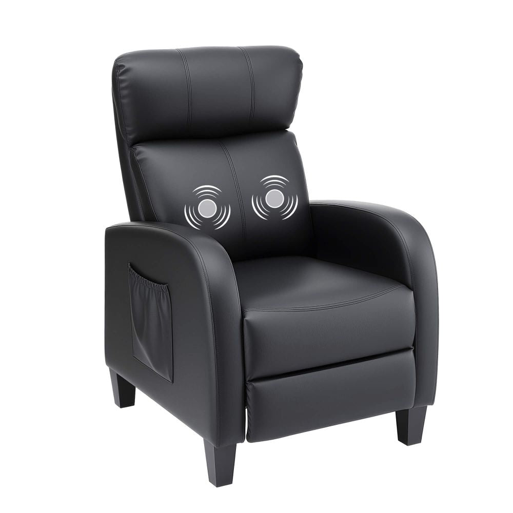 Black PU RECLINER Lounge Massage chair with massage symbols on the backrest