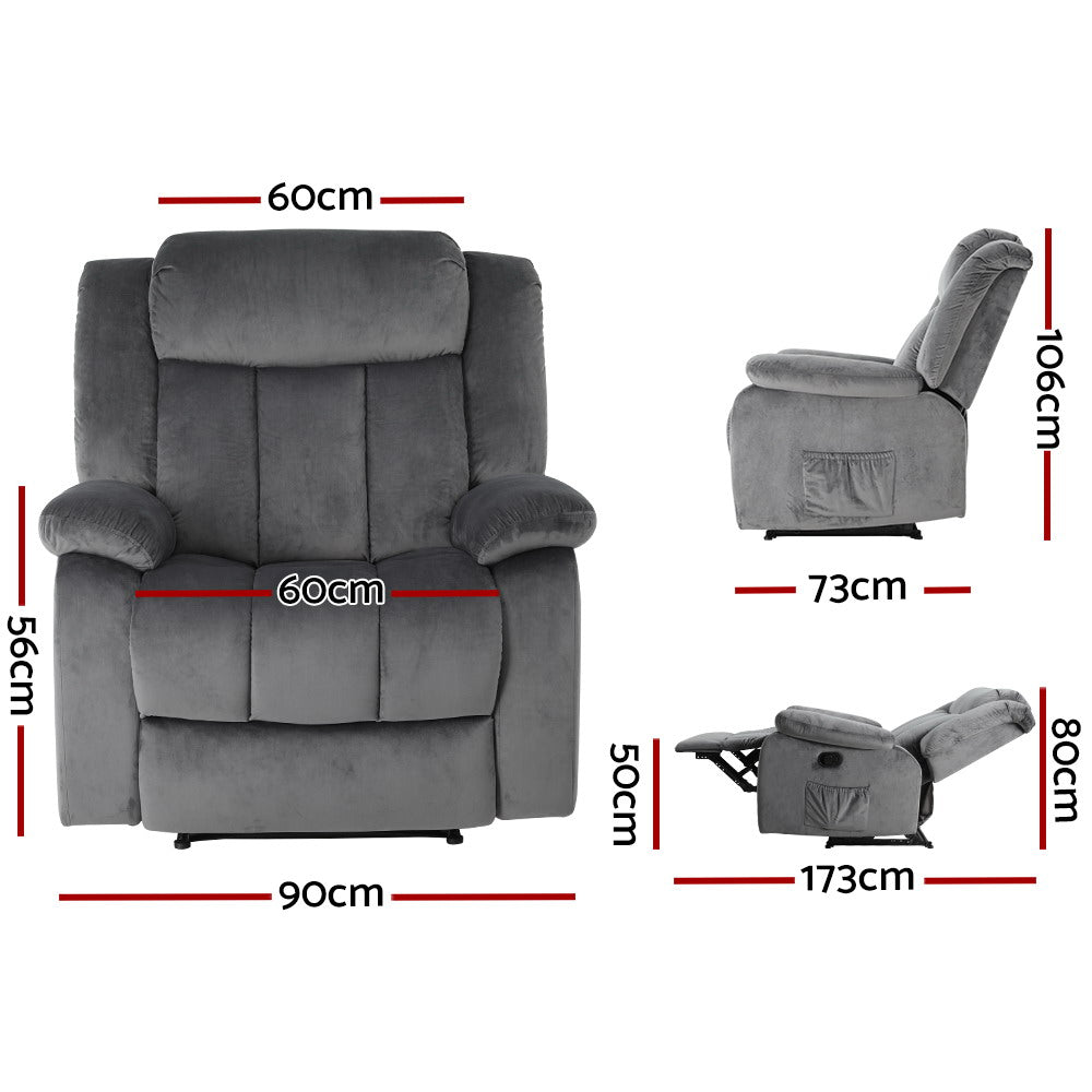ARTISS RECLINER Electric Chair Massage Chair Velvet Lounge Sofa Heated Grey