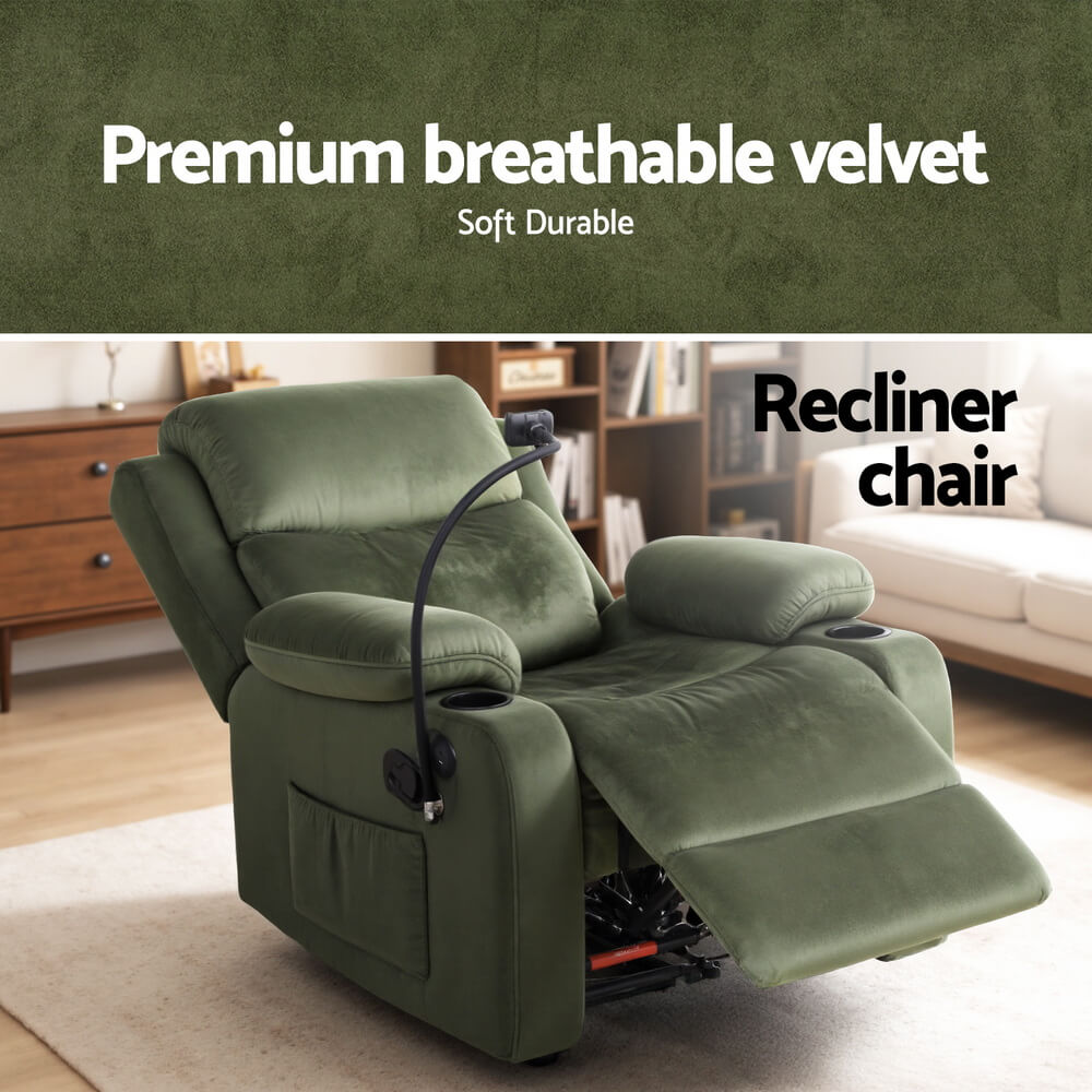 Green RECLINER Massage chair lounge with text highlighting premium breathable velvet material