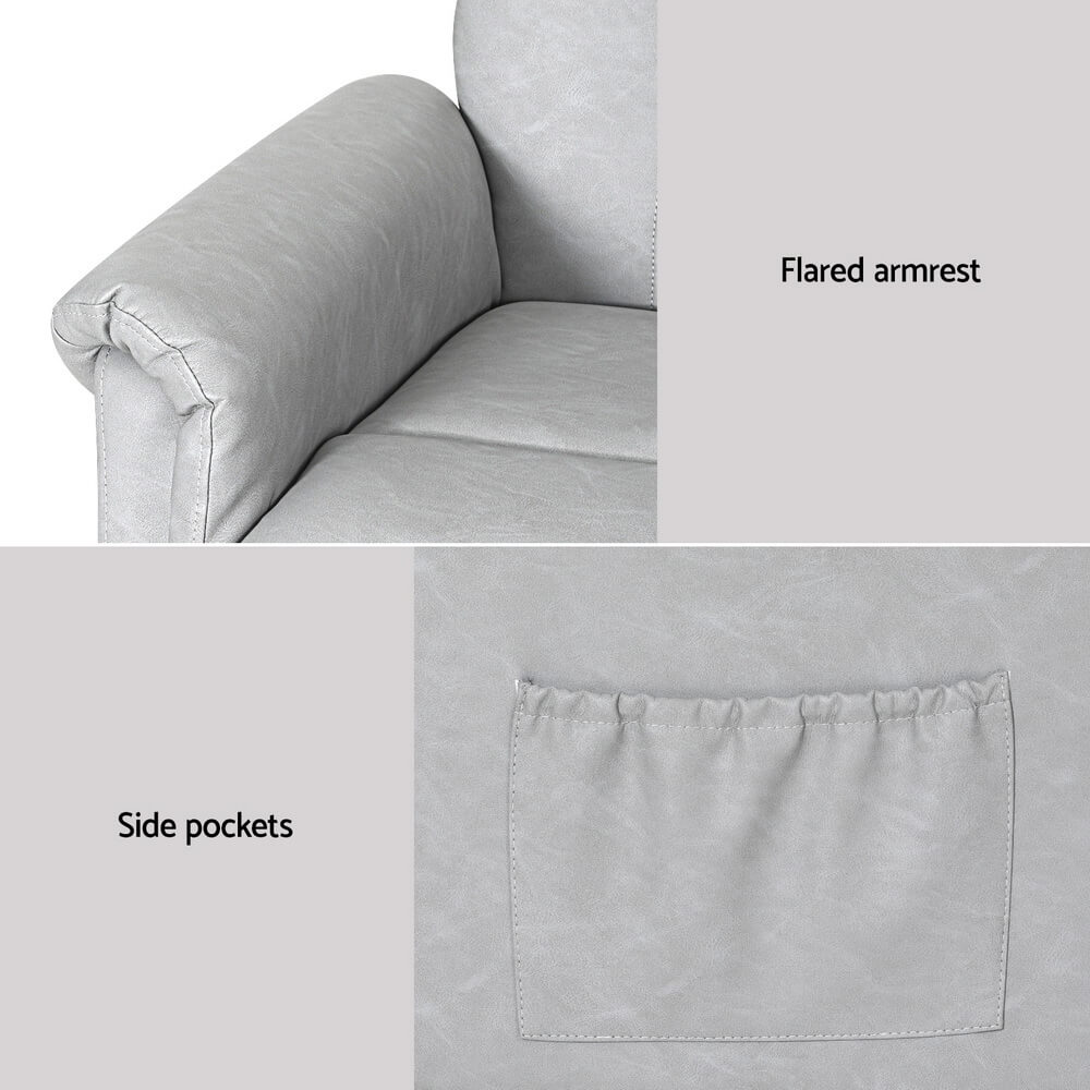 Gray RECLINER Support Lift chair with flared armrest and side pockets labeled.