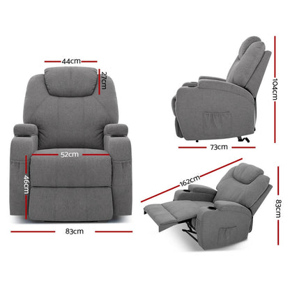Electric Massage Recliner Chairs Heated Fabric Grey Lounge Sofa for Ultimate Relaxation Sizes and Dimensions
