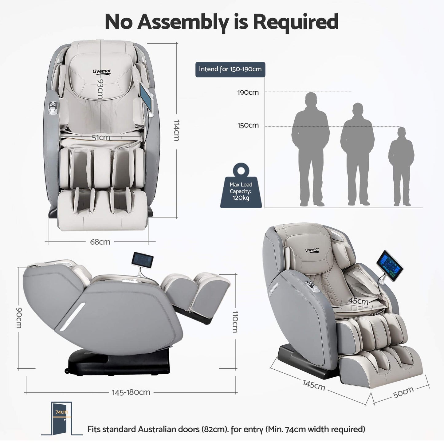 Gray Sizes and Measurements Electric Livemor with dimensions and assembly information