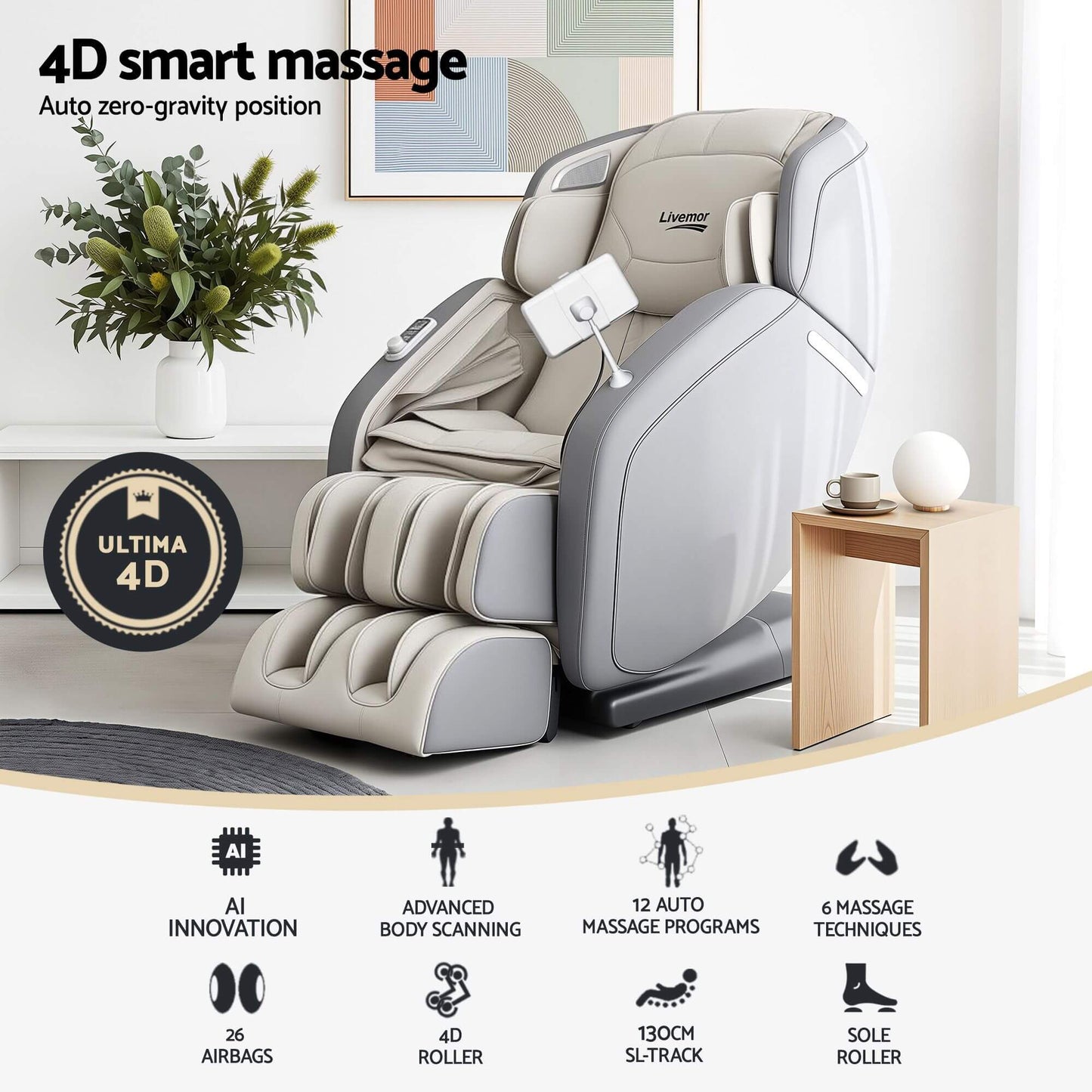 Beige massage chair with features Smart 4D GARY Electric Massage Chair