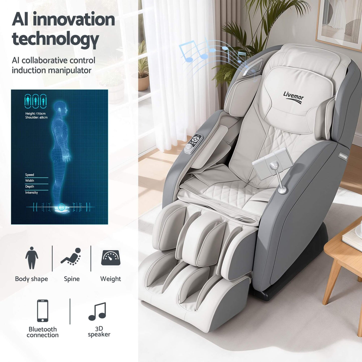 Gray auto full-body massage programs Massage with AI innovation technology features 