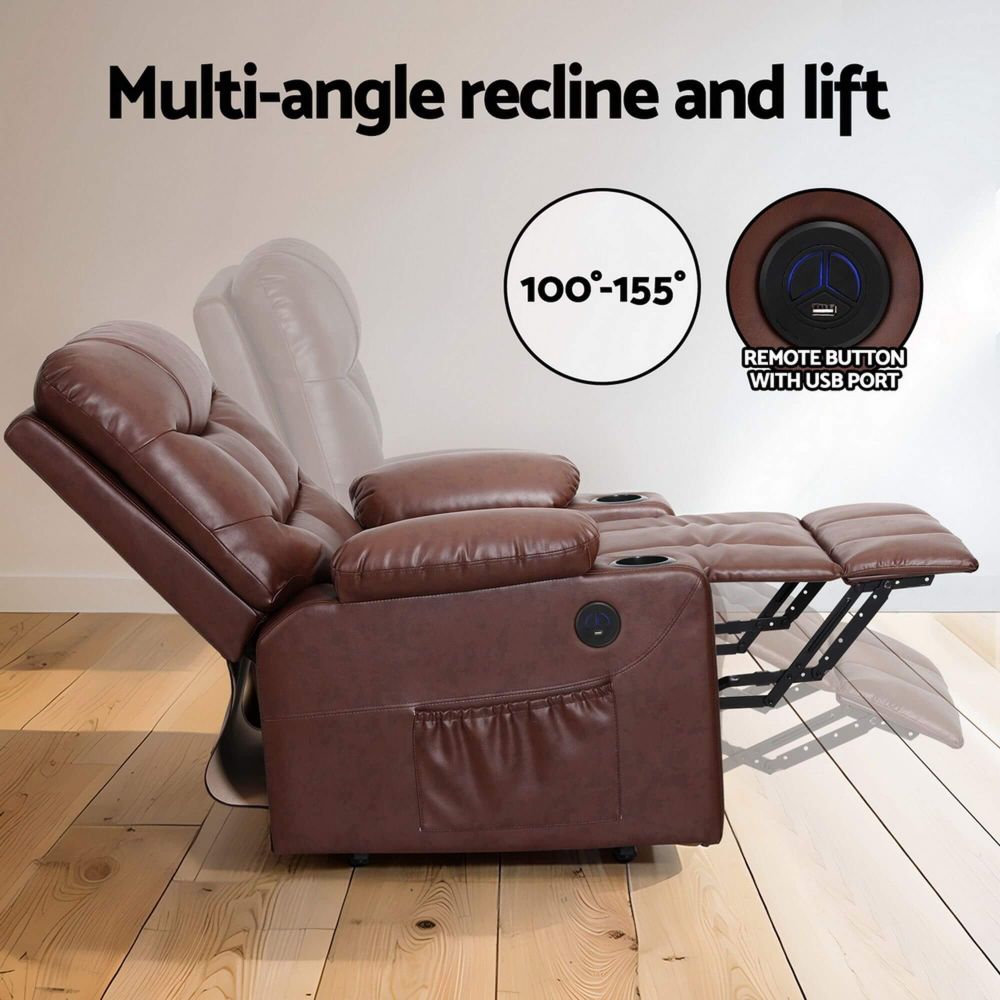 Brown lift massage chair recliner with multi-angle recline and lift feature